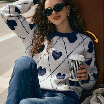 Women's Sweater Fall Long Sleeve Crewneck Knit Heart Print Pullover Tops