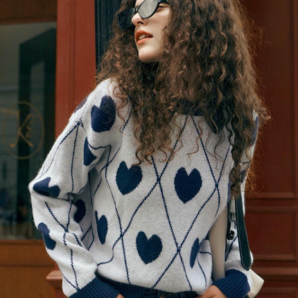 Women's Sweater Fall Long Sleeve Crewneck Knit Heart Print Pullover Tops