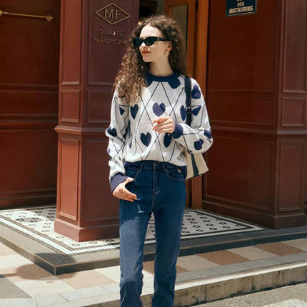 Women's Sweater Fall Long Sleeve Crewneck Knit Heart Print Pullover Tops