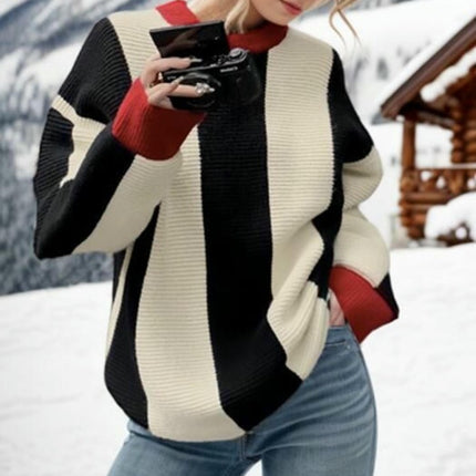 Women Sweater Long Sleeve Color Block Knit Pullover Crew Neck Loose Tops
