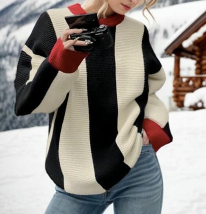 Women Sweater Long Sleeve Color Block Knit Pullover Crew Neck Loose Tops