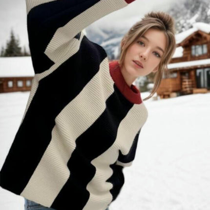 Women Sweater Long Sleeve Color Block Knit Pullover Crew Neck Loose Tops
