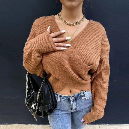 Women V Neck Long Sleeve Sweaters Cross Wrap Front Knitted Crop Pullover
