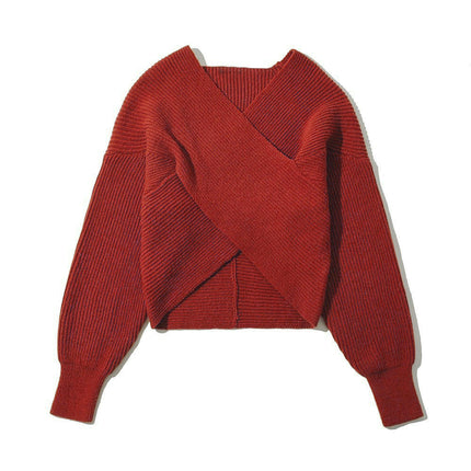 Women V Neck Long Sleeve Sweaters Cross Wrap Front Knitted Crop Pullover