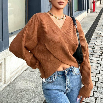 Women V Neck Long Sleeve Sweaters Cross Wrap Front Knitted Crop Pullover