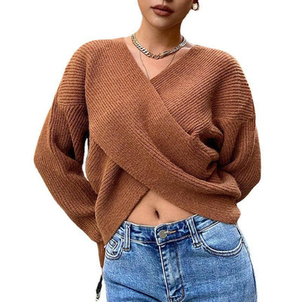 Women V Neck Long Sleeve Sweaters Cross Wrap Front Knitted Crop Pullover