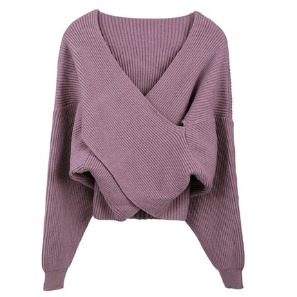 Women V Neck Long Sleeve Sweaters Cross Wrap Front Knitted Crop Pullover