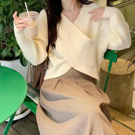 Women V Neck Long Sleeve Sweaters Cross Wrap Front Knitted Crop Pullover