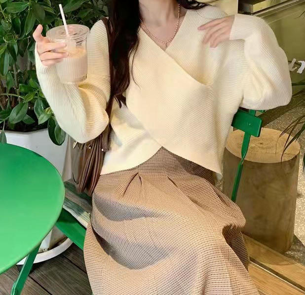 Women V Neck Long Sleeve Sweaters Cross Wrap Front Knitted Crop Pullover