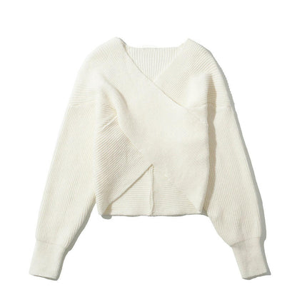 Women V Neck Long Sleeve Sweaters Cross Wrap Front Knitted Crop Pullover