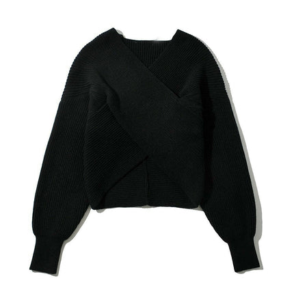 Women V Neck Long Sleeve Sweaters Cross Wrap Front Knitted Crop Pullover