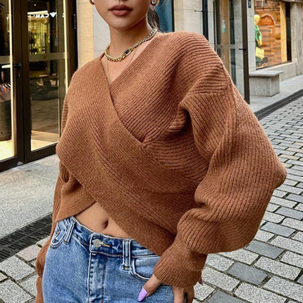 Women V Neck Long Sleeve Sweaters Cross Wrap Front Knitted Crop Pullover