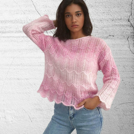 Women's Fall Ombre Sweater Crewneck Bell Sleeve Hollow Out Crochet Top