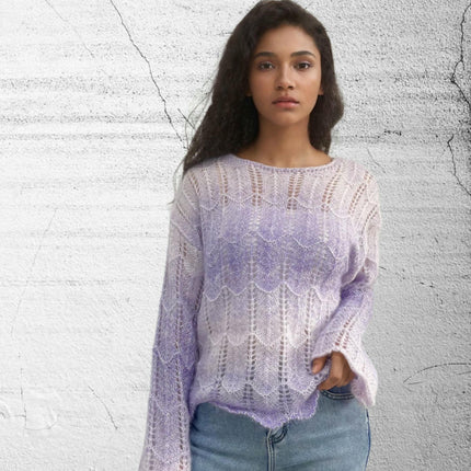 Women's Fall Ombre Sweater Crewneck Bell Sleeve Hollow Out Crochet Top