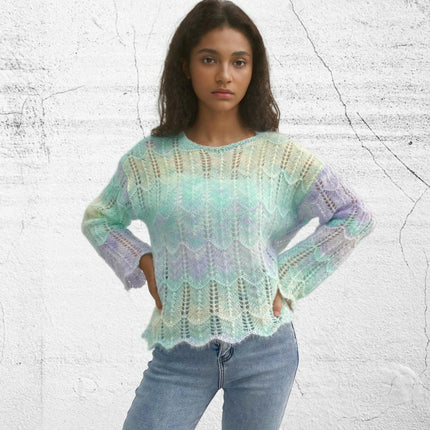 Women's Fall Ombre Sweater Crewneck Bell Sleeve Hollow Out Crochet Top
