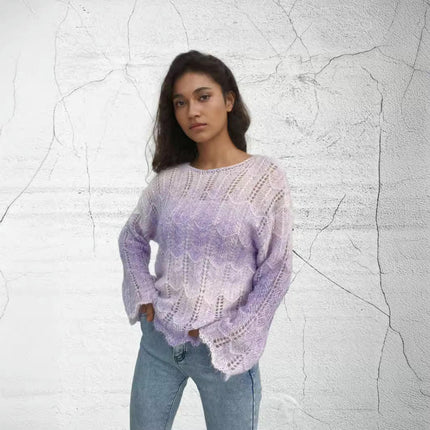 Women's Fall Ombre Sweater Crewneck Bell Sleeve Hollow Out Crochet Top