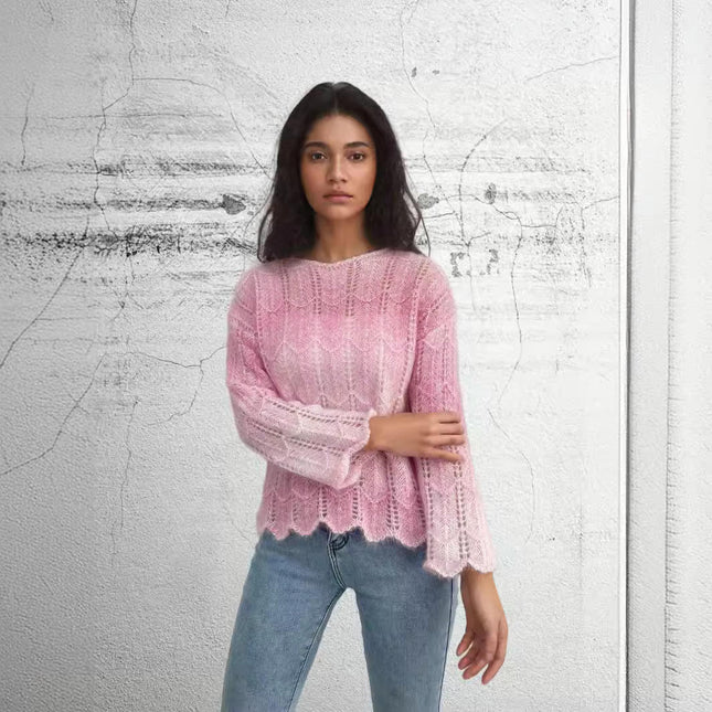 Women's Fall Ombre Sweater Crewneck Bell Sleeve Hollow Out Crochet Top