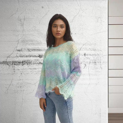 Women's Fall Ombre Sweater Crewneck Bell Sleeve Hollow Out Crochet Top