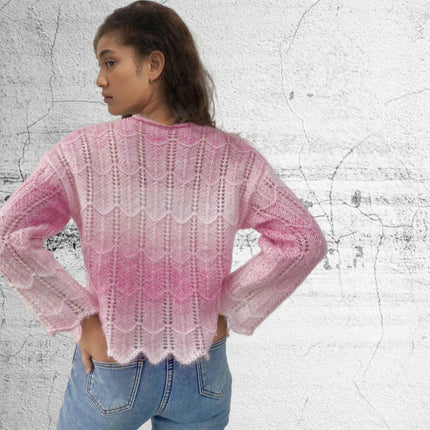 Women's Fall Ombre Sweater Crewneck Bell Sleeve Hollow Out Crochet Top