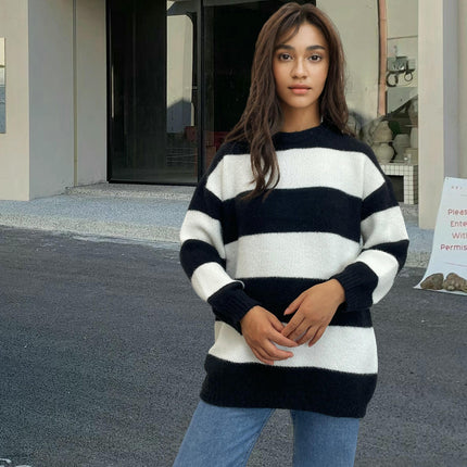 Womens Color Block Fall Crewneck Long Sleeve Knit Pullover Sweater Tops