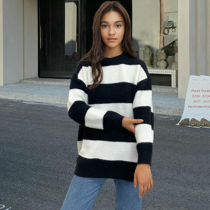 Womens Color Block Fall Crewneck Long Sleeve Knit Pullover Sweater Tops