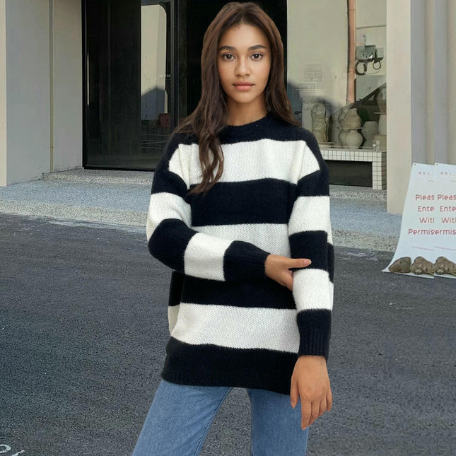 Womens Color Block Fall Crewneck Long Sleeve Knit Pullover Sweater Tops
