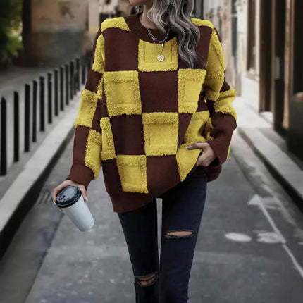 Womens Color Block Crewneck Long Sleeve Knit Fall Pullover Sweater Tops