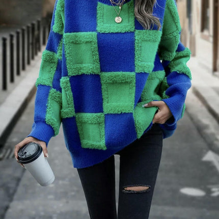 Womens Color Block Crewneck Long Sleeve Knit Fall Pullover Sweater Tops