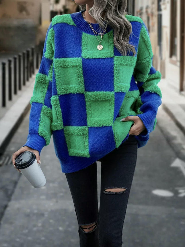 Womens Color Block Crewneck Long Sleeve Knit Fall Pullover Sweater Tops