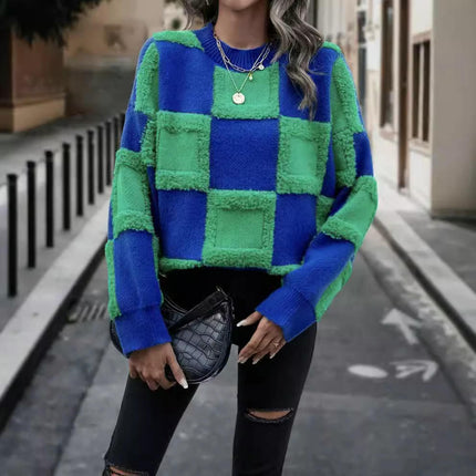 Womens Color Block Crewneck Long Sleeve Knit Fall Pullover Sweater Tops