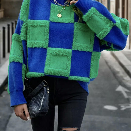 Womens Color Block Crewneck Long Sleeve Knit Fall Pullover Sweater Tops