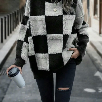 Womens Color Block Crewneck Long Sleeve Knit Fall Pullover Sweater Tops