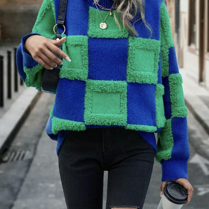Womens Color Block Crewneck Long Sleeve Knit Fall Pullover Sweater Tops