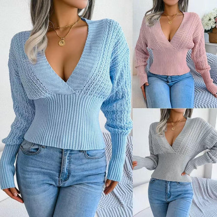 Women's V Neck Knit Sweater Long Sleeve Crop Tops Casual Pullover Jumper