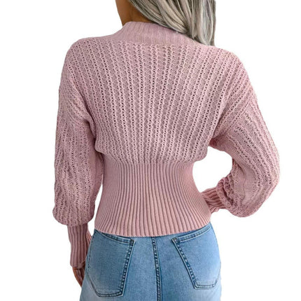 Women's V Neck Knit Sweater Long Sleeve Crop Tops Casual Pullover Jumper