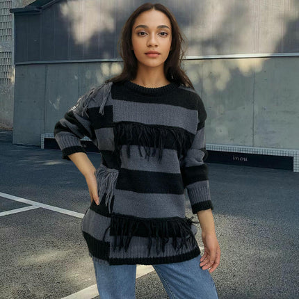 Women's Color Block Tassel Sweaters Fall Long Sleeve Knit Crewneck Pullover Top
