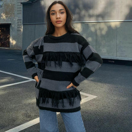 Women's Color Block Tassel Sweaters Fall Long Sleeve Knit Crewneck Pullover Top