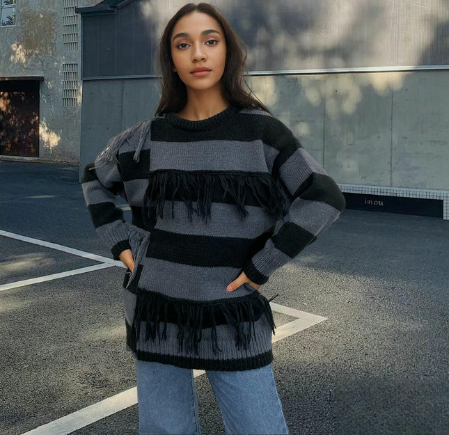 Women's Color Block Tassel Sweaters Fall Long Sleeve Knit Crewneck Pullover Top
