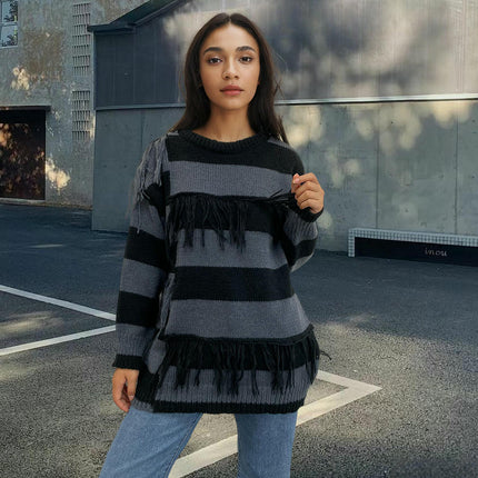 Women's Color Block Tassel Sweaters Fall Long Sleeve Knit Crewneck Pullover Top