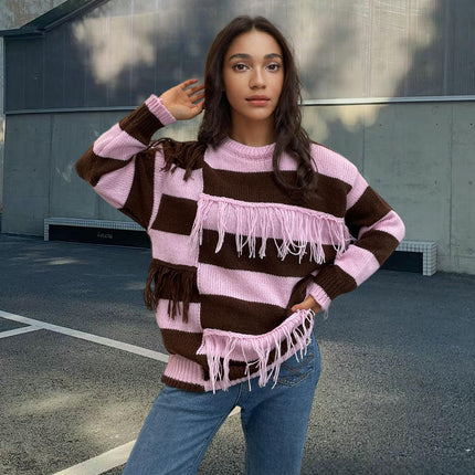 Women's Color Block Tassel Sweaters Fall Long Sleeve Knit Crewneck Pullover Top
