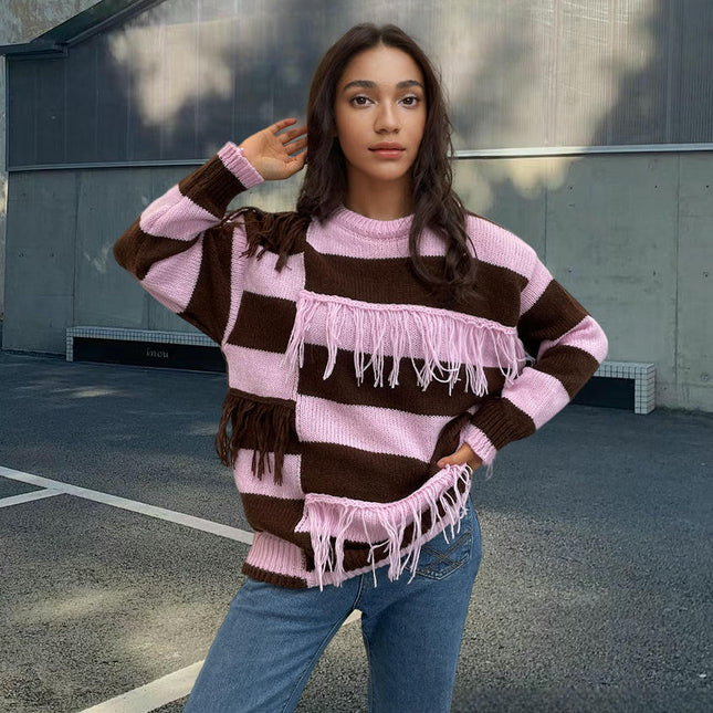 Women's Color Block Tassel Sweaters Fall Long Sleeve Knit Crewneck Pullover Top