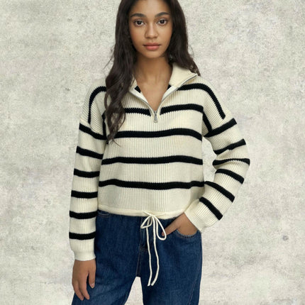 Womens Striped Quarter Zip V Neck Collared Long Sleeve Knit Cropped Pullover Sweater