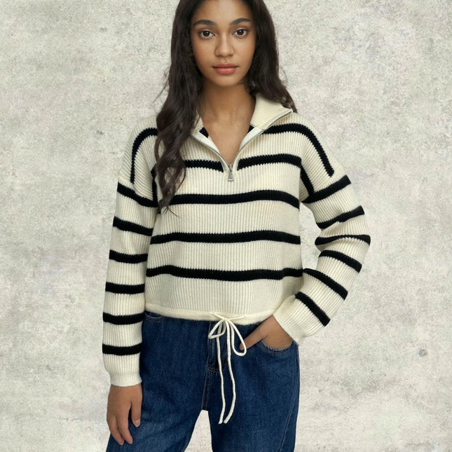 Womens Striped Quarter Zip V Neck Collared Long Sleeve Knit Cropped Pullover Sweater