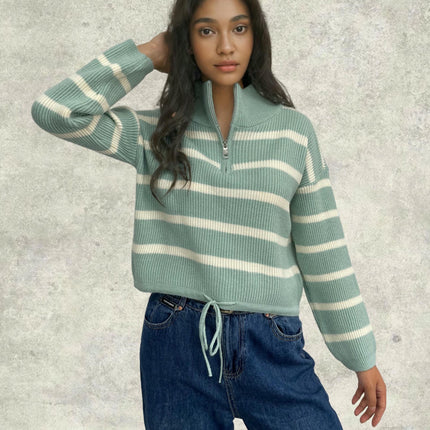 Womens Striped Quarter Zip V Neck Collared Long Sleeve Knit Cropped Pullover Sweater