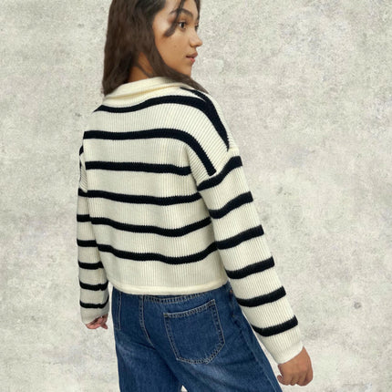 Womens Striped Quarter Zip V Neck Collared Long Sleeve Knit Cropped Pullover Sweater