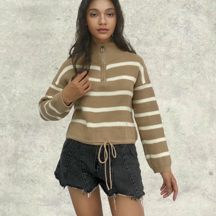 Womens Striped Quarter Zip V Neck Collared Long Sleeve Knit Cropped Pullover Sweater