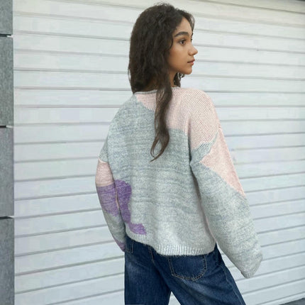Women's Crew Neck Button Down Long Sleeve Color Block Cardigan Sweater