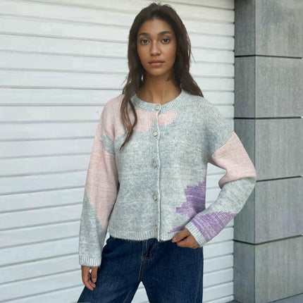 Women's Crew Neck Button Down Long Sleeve Color Block Cardigan Sweater