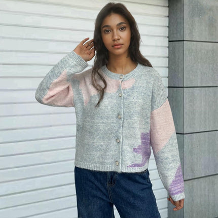 Women's Crew Neck Button Down Long Sleeve Color Block Cardigan Sweater