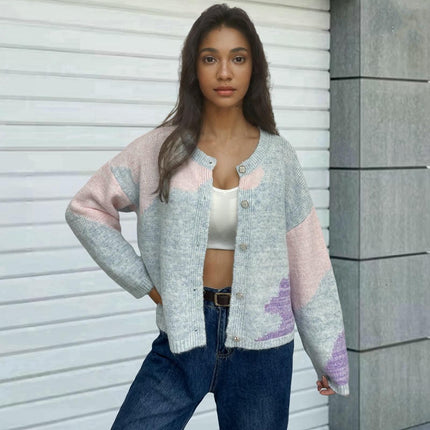 Women's Crew Neck Button Down Long Sleeve Color Block Cardigan Sweater
